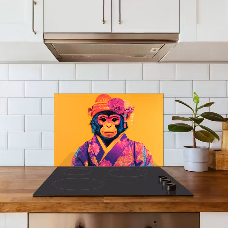 Spatscherm keuken - Aap - Kimono - Bloemen - Hoofdtooi — 6