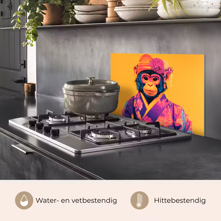 Spatscherm keuken - Aap - Kimono - Bloemen - Hoofdtooi — 7