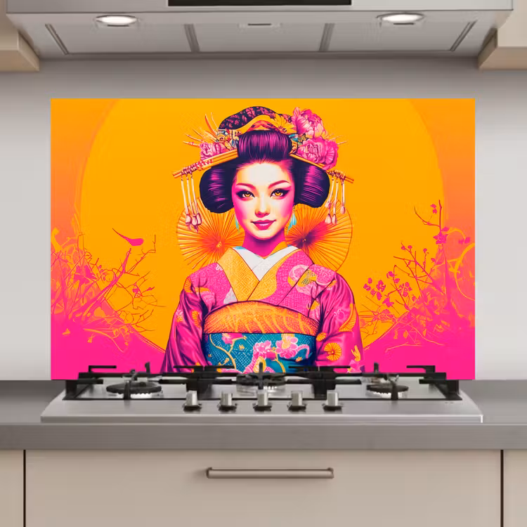 Spatscherm keuken - Bloemen - Vrouw - Kimono - Roze — 1