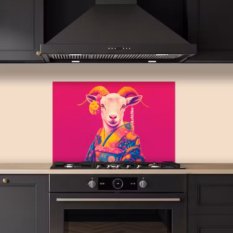 Spatscherm keuken - Geit - Hoorns - Kimono - Kleurrijk — 2