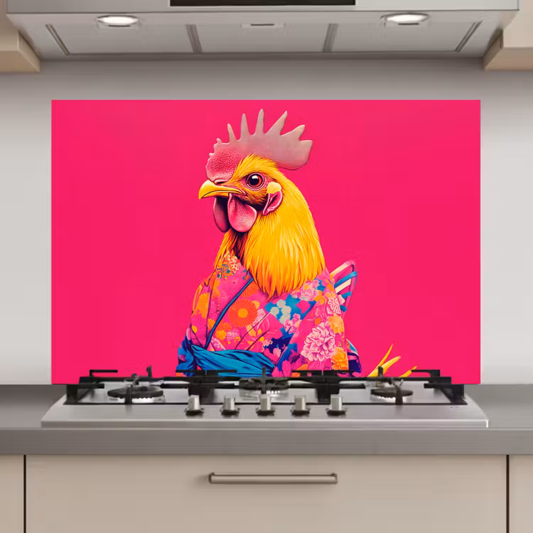 Spatscherm keuken - Haan - Kleurrijk - Kimono - Roze — 1