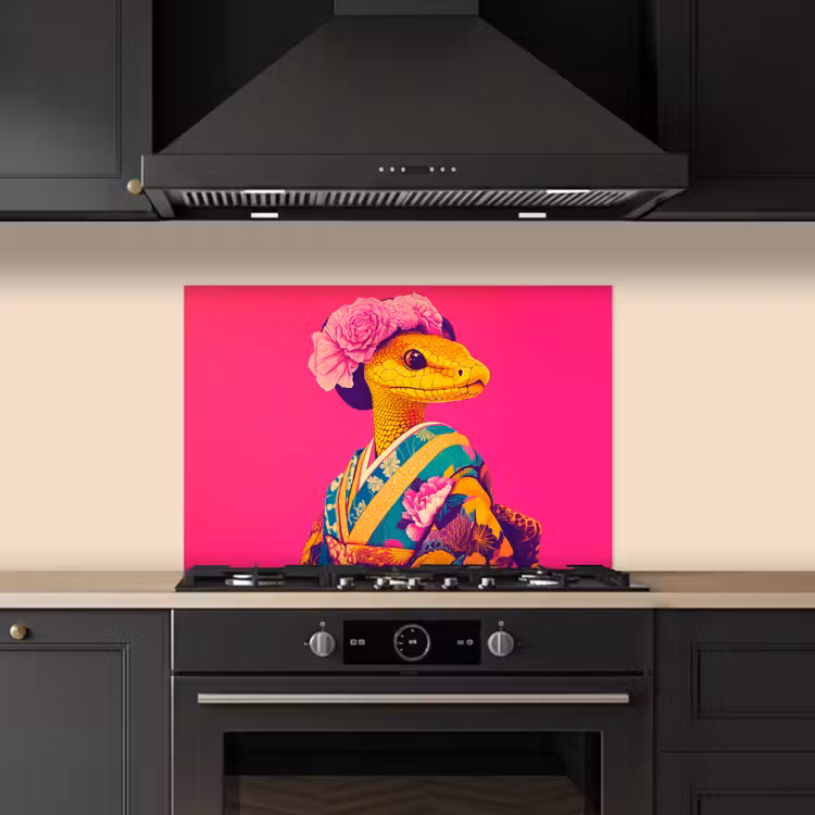 Spatscherm keuken - Hagedis - Bloemen - Roze - Kimono — 2