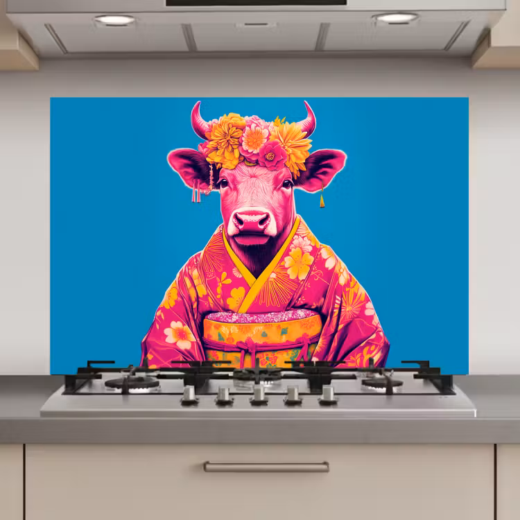 Spatscherm keuken - Koe - Bloemenkrans - Oorhangers - Kimono — 1