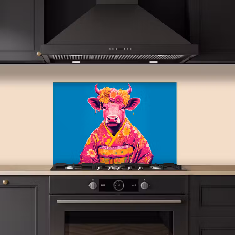 Spatscherm keuken - Koe - Bloemenkrans - Oorhangers - Kimono — 2