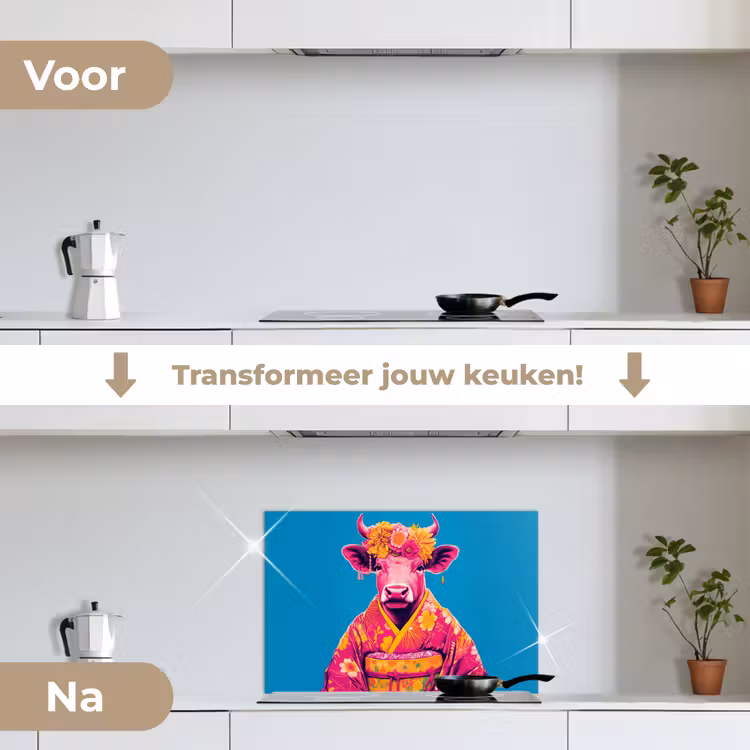 Spatscherm keuken - Koe - Bloemenkrans - Oorhangers - Kimono — 3