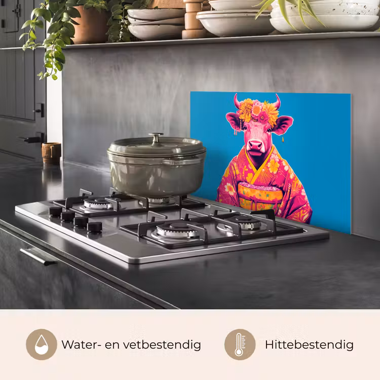 Spatscherm keuken - Koe - Bloemenkrans - Oorhangers - Kimono — 7