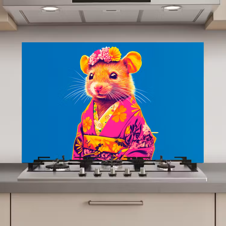 Spatscherm keuken - Muis - Kimono - Bloemen - Blauw — 1