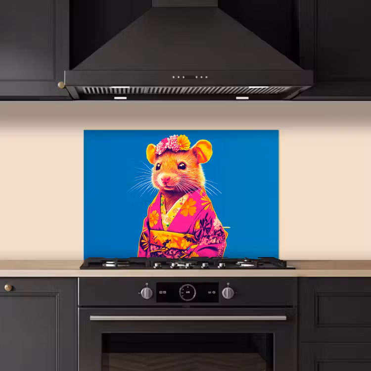 Spatscherm keuken - Muis - Kimono - Bloemen - Blauw — 2