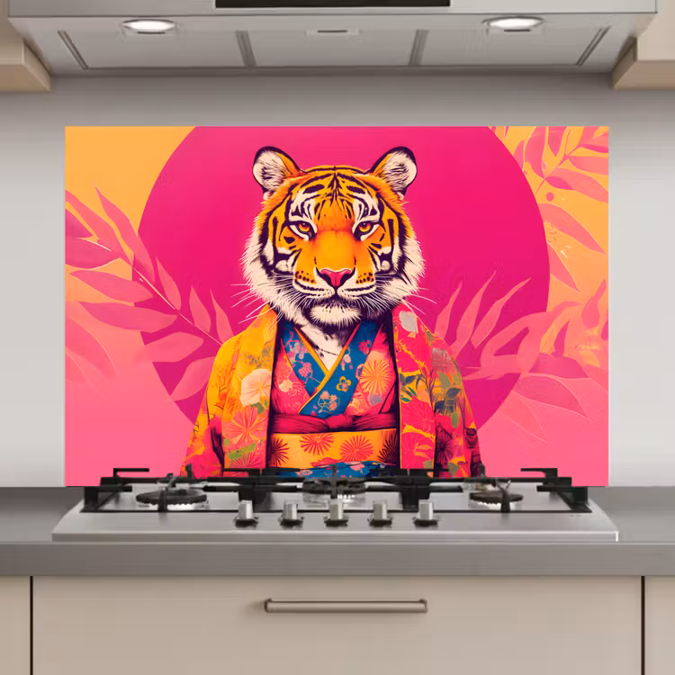 Spatscherm keuken - Tijger - Kimono - Planten - Roze — 1