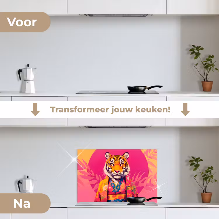 Spatscherm keuken - Tijger - Kimono - Planten - Roze — 3