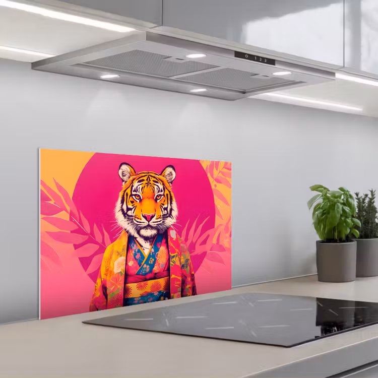 Spatscherm keuken - Tijger - Kimono - Planten - Roze — 5