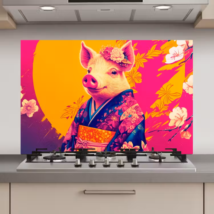 Spatscherm keuken - Varken - Bloemkroon - Kimono - Abstract — 1