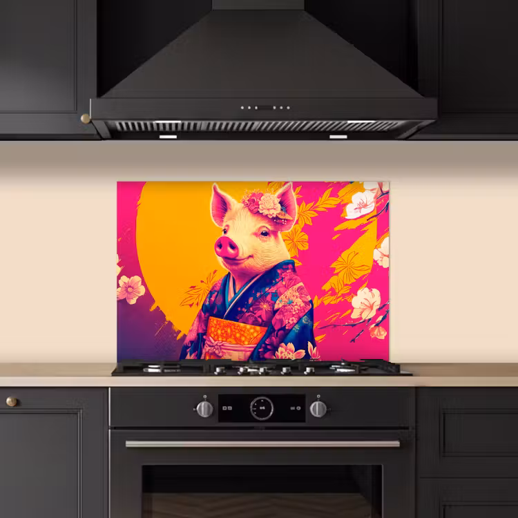 Spatscherm keuken - Varken - Bloemkroon - Kimono - Abstract — 2
