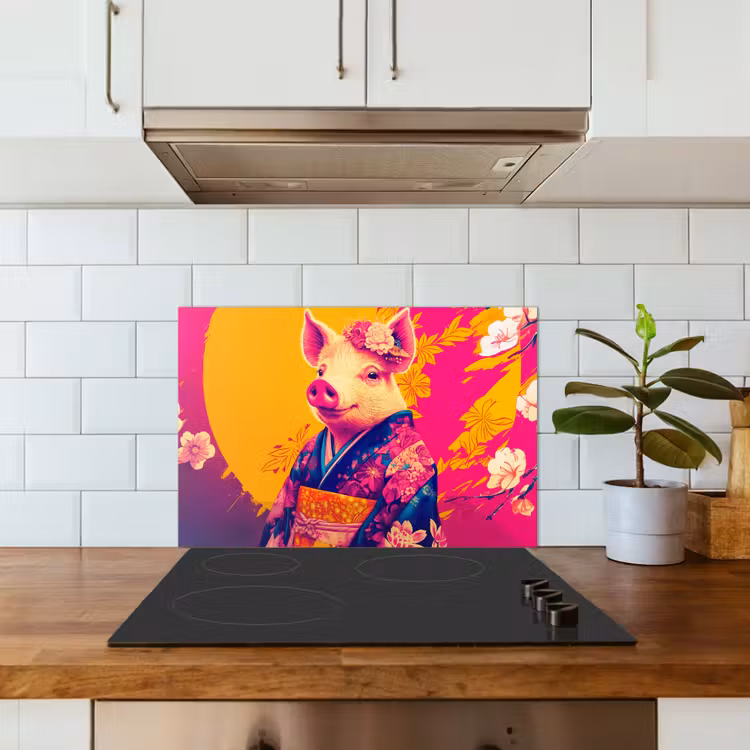 Spatscherm keuken - Varken - Bloemkroon - Kimono - Abstract — 6