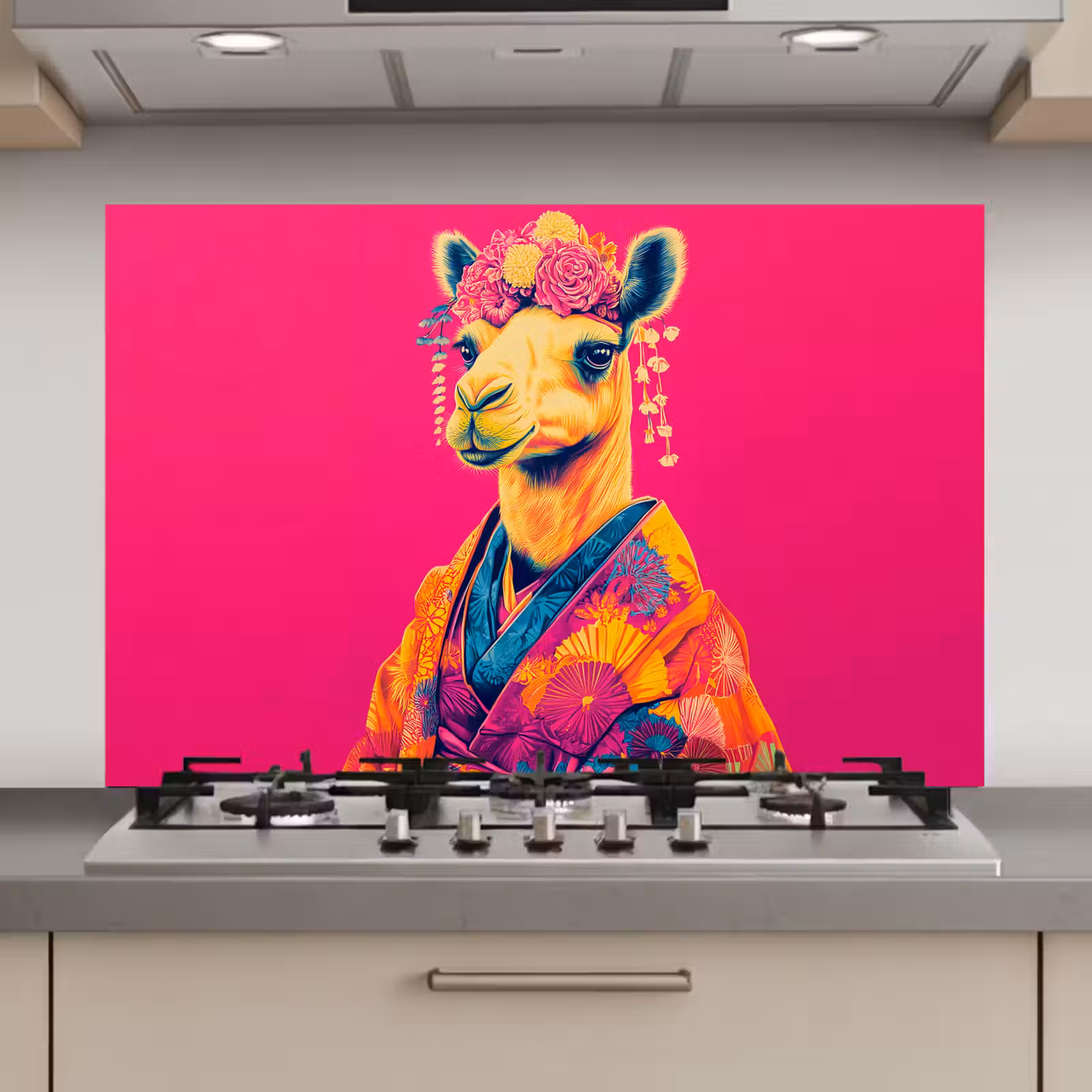 Spatscherm keuken - Kameel - Bloemen - Kimono - Waaiers — 1