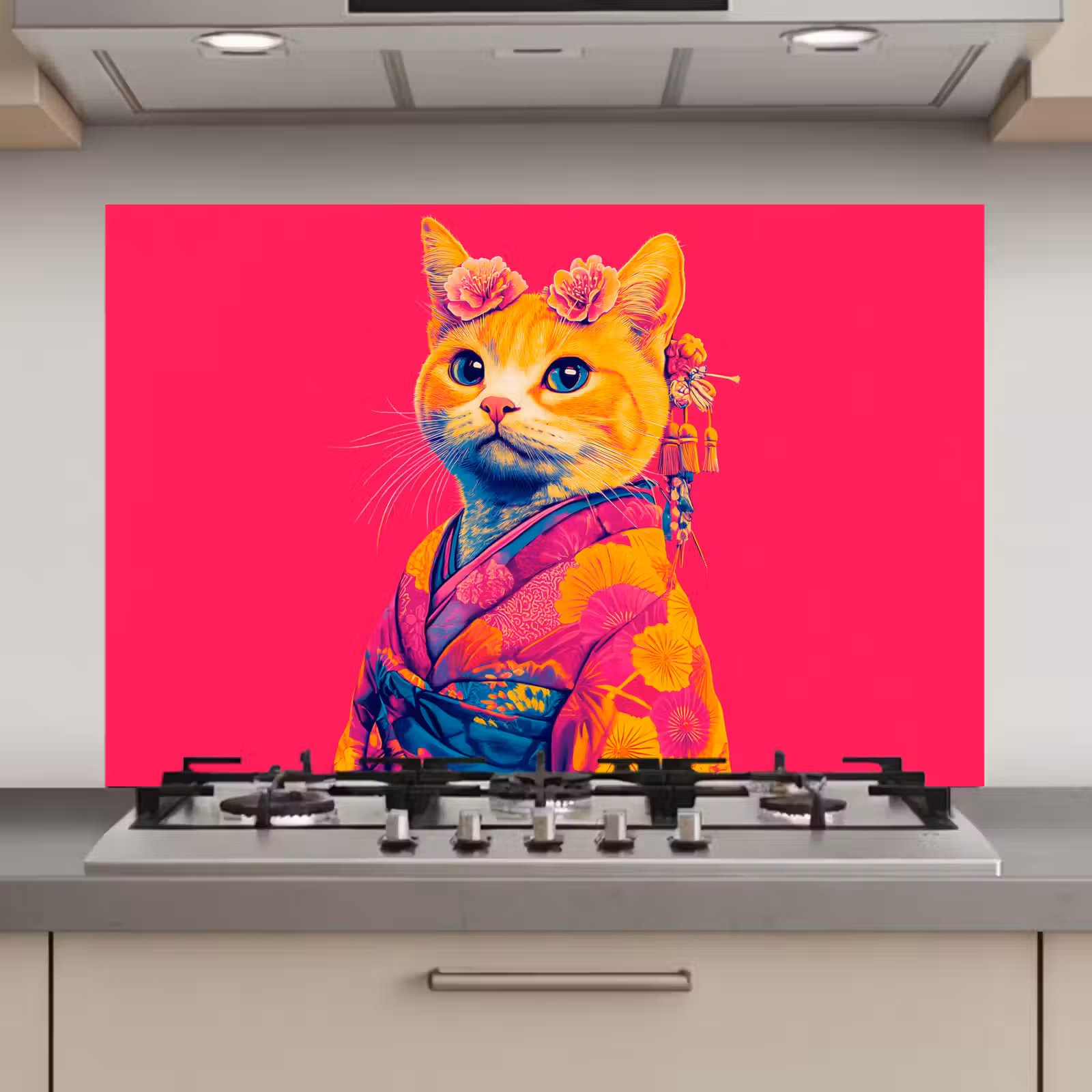 Spatscherm keuken - Kat - Kimono - Bloemen - Roze — 1