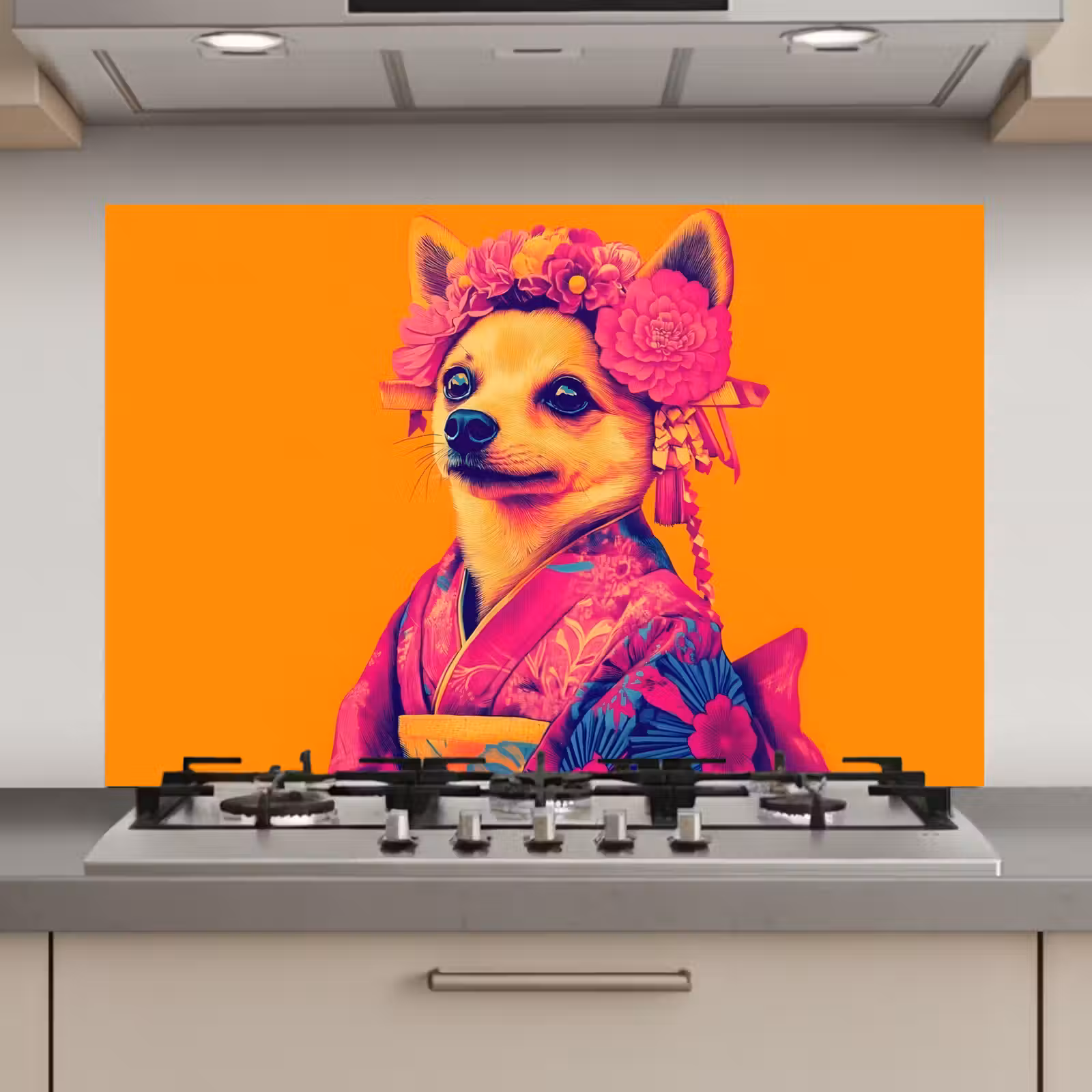 Spatscherm keuken - Kimono - Hondje - Bloemenkroon - Oranje — 1