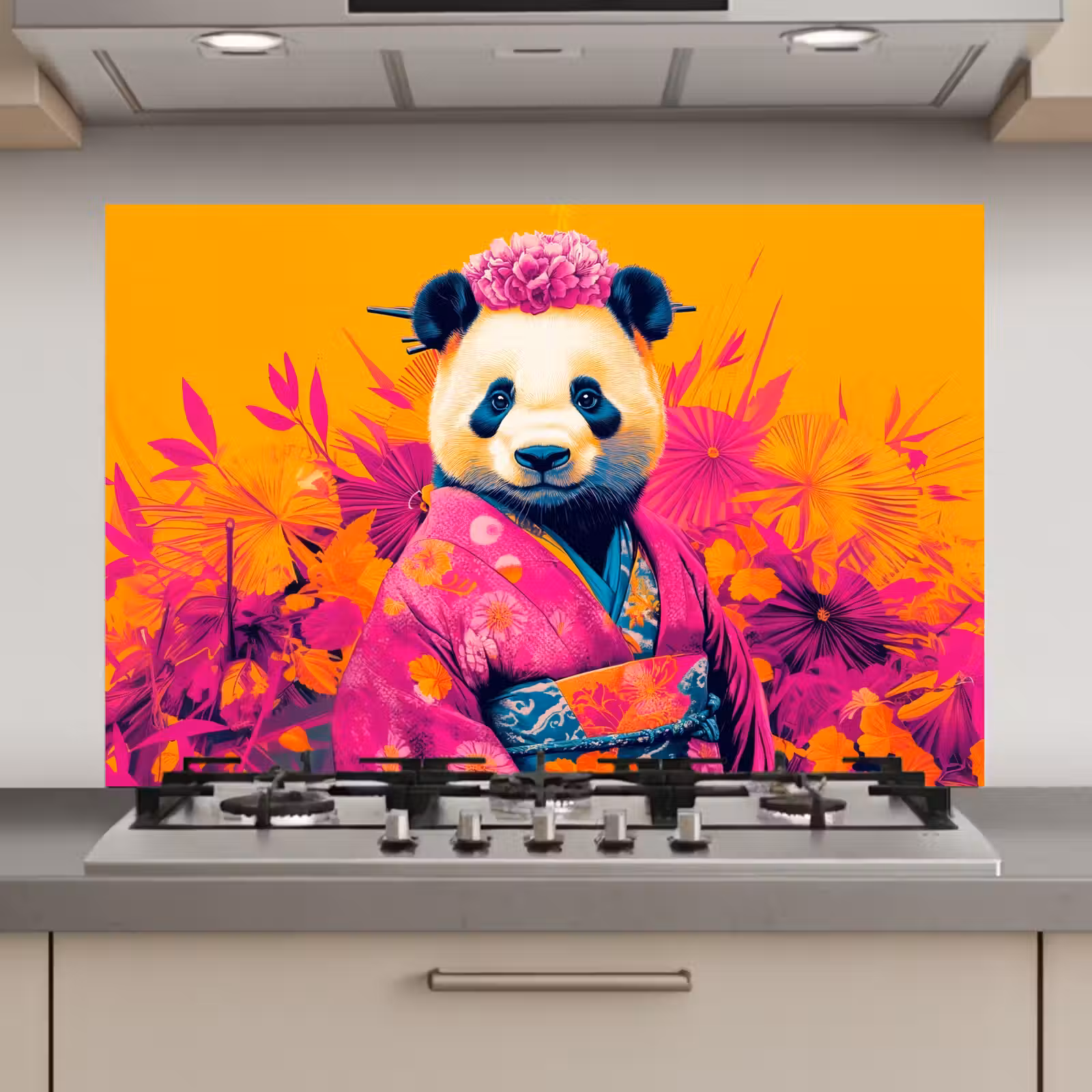 Spatscherm keuken - Kimono - Roze - Panda - Bloemenkroon — 1