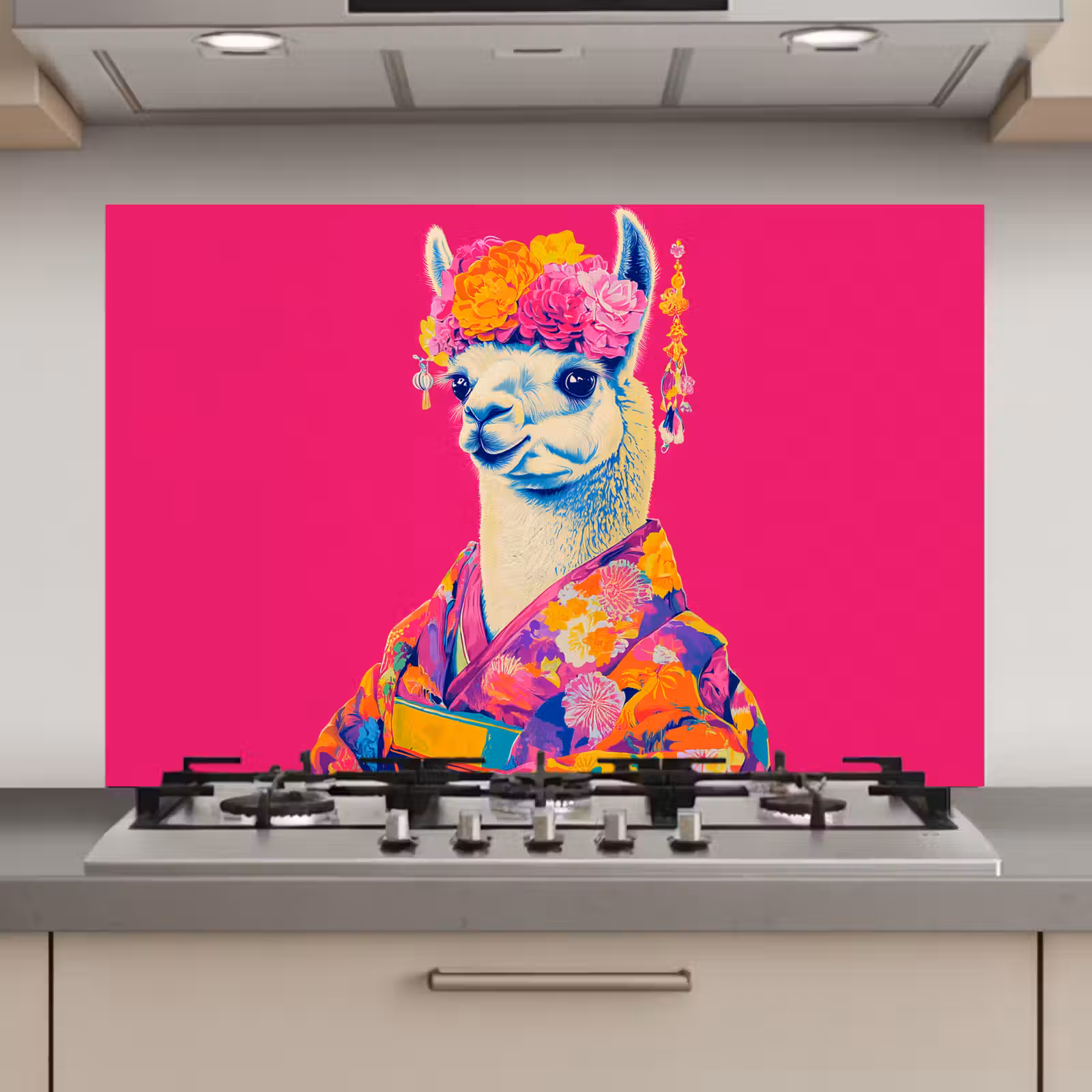 Spatscherm keuken - Lama - Kimono - Bloemenkrans - Felroze — 1