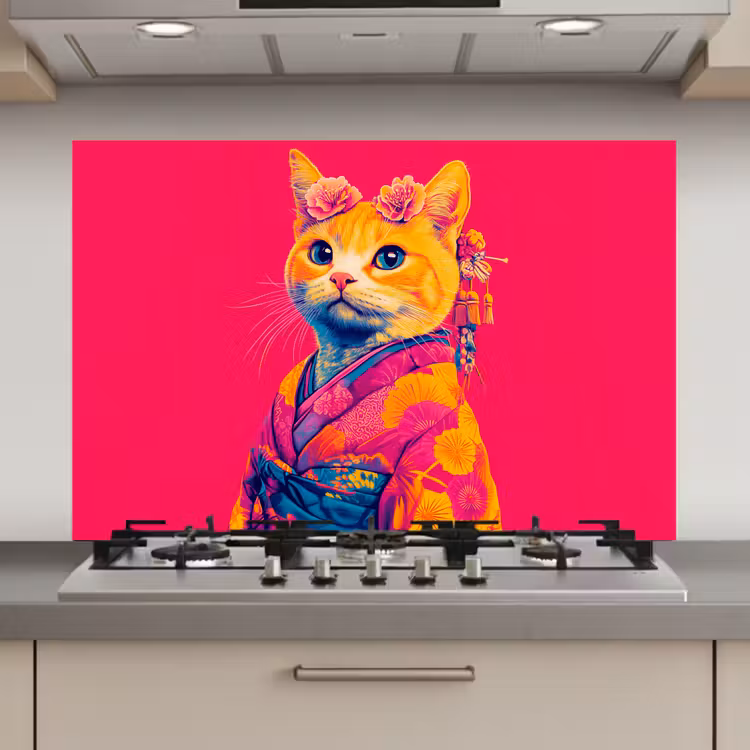 Spatscherm keuken - Kat - Kimono - Bloemen - Roze — 1