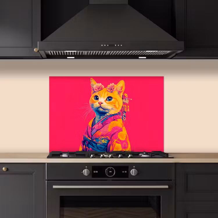 Spatscherm keuken - Kat - Kimono - Bloemen - Roze — 2