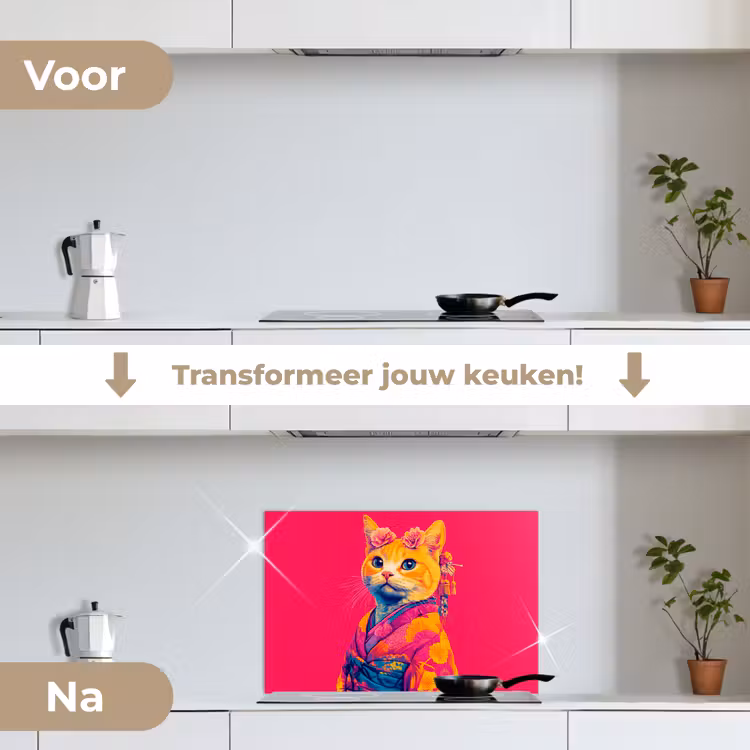 Spatscherm keuken - Kat - Kimono - Bloemen - Roze — 3