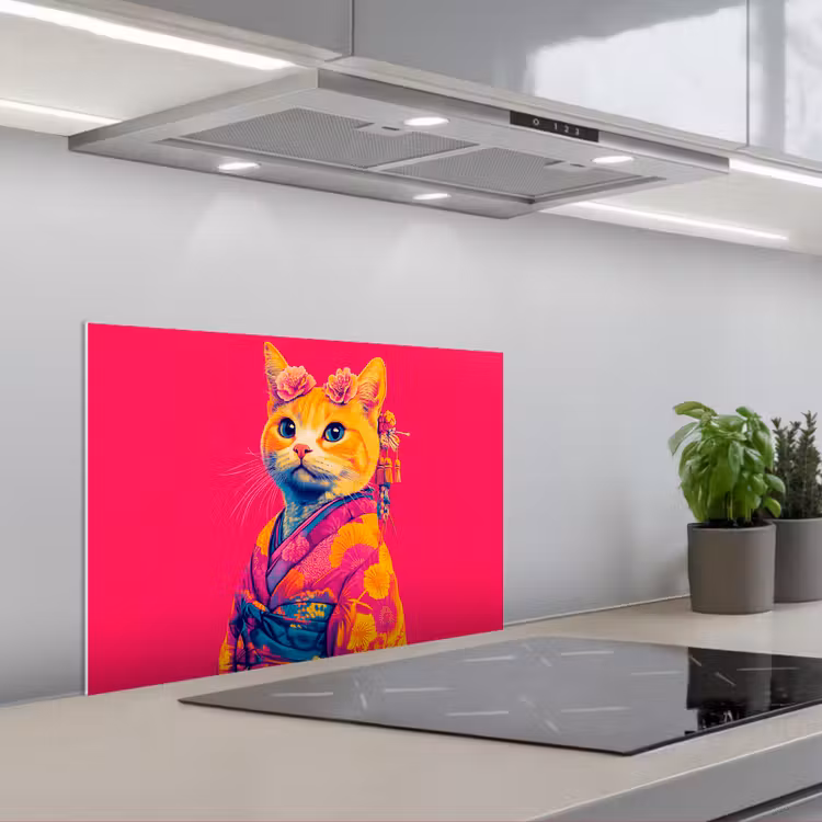 Spatscherm keuken - Kat - Kimono - Bloemen - Roze — 5