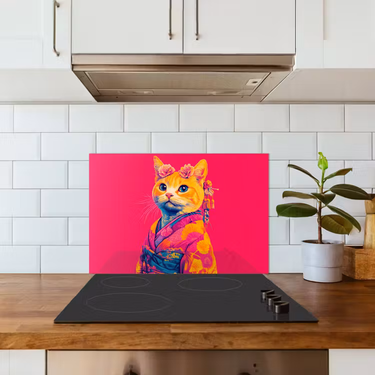 Spatscherm keuken - Kat - Kimono - Bloemen - Roze — 6
