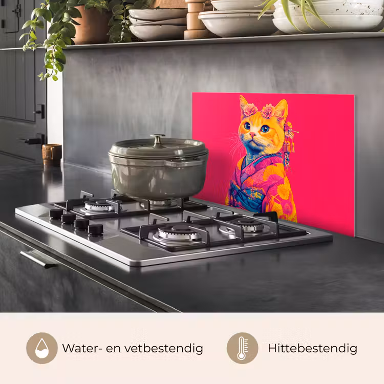 Spatscherm keuken - Kat - Kimono - Bloemen - Roze — 7