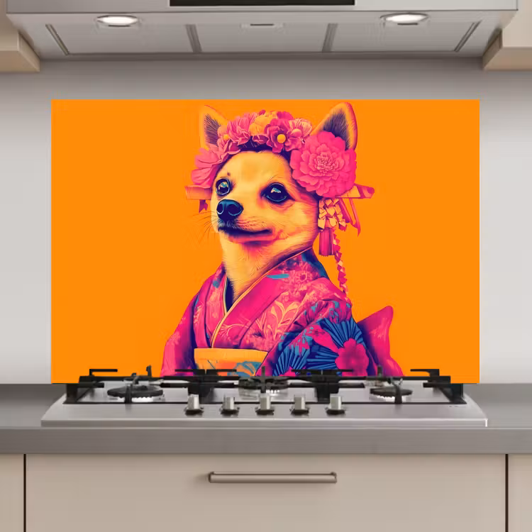 Spatscherm keuken - Kimono - Hondje - Bloemenkroon - Oranje — 1
