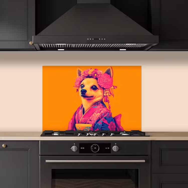 Spatscherm keuken - Kimono - Hondje - Bloemenkroon - Oranje — 2