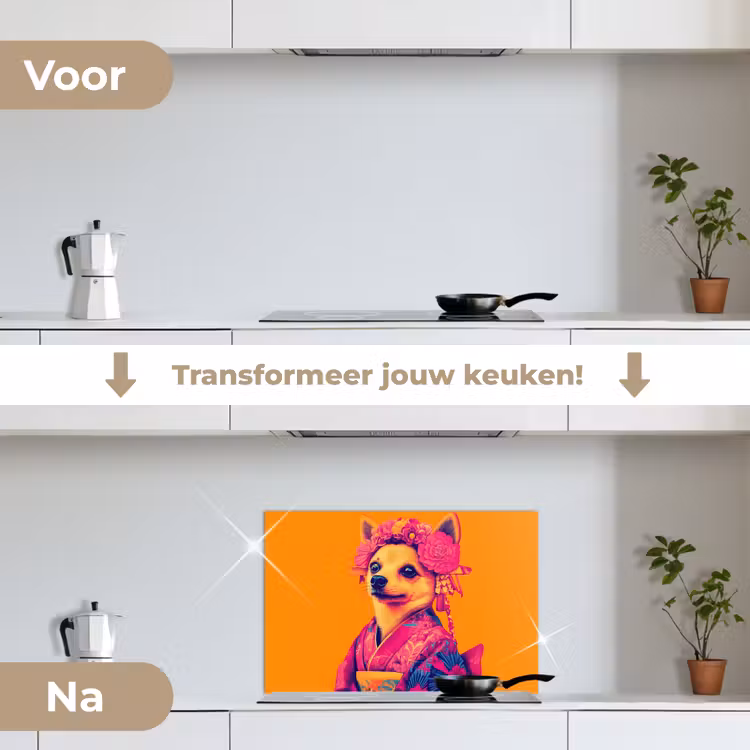 Spatscherm keuken - Kimono - Hondje - Bloemenkroon - Oranje — 3