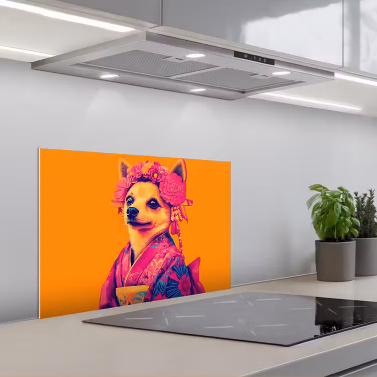 Spatscherm keuken - Kimono - Hondje - Bloemenkroon - Oranje — 5