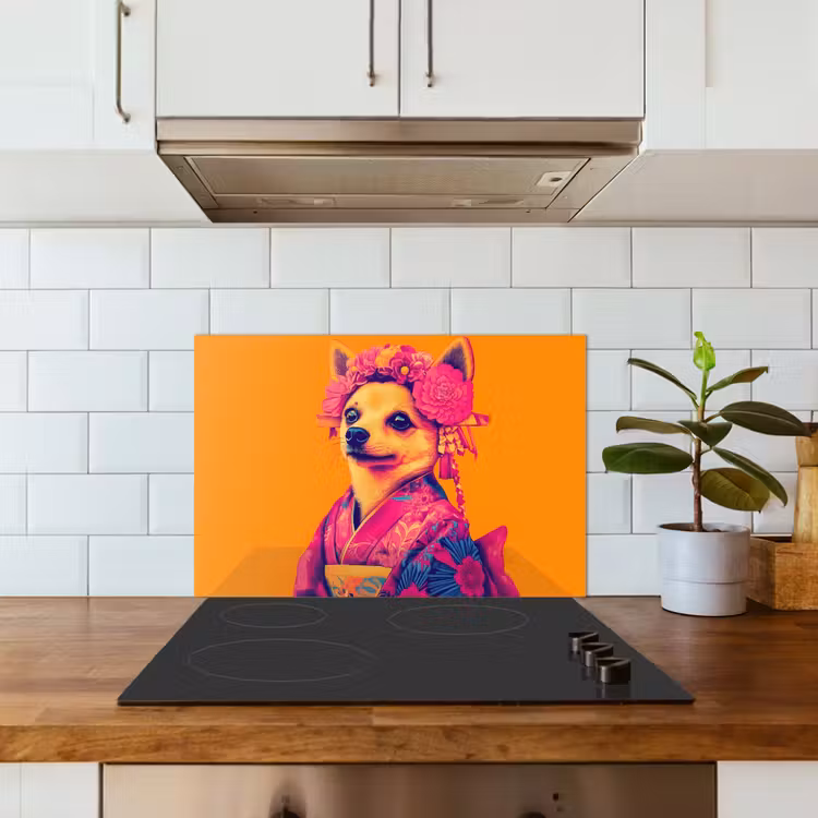 Spatscherm keuken - Kimono - Hondje - Bloemenkroon - Oranje — 6