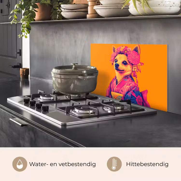 Spatscherm keuken - Kimono - Hondje - Bloemenkroon - Oranje — 7