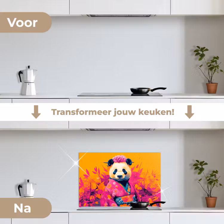 Spatscherm keuken - Kimono - Roze - Panda - Bloemenkroon — 3