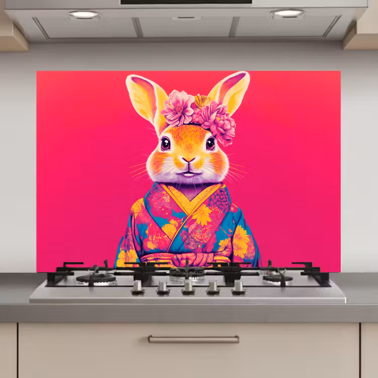 Spatscherm keuken - Konijn - Bloemen - Kleurrijk - Kimono — 1