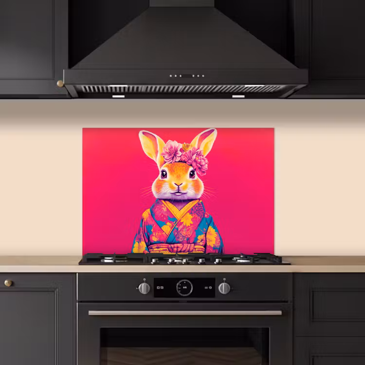 Spatscherm keuken - Konijn - Bloemen - Kleurrijk - Kimono — 2