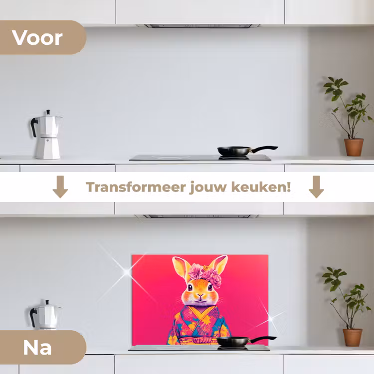 Spatscherm keuken - Konijn - Bloemen - Kleurrijk - Kimono — 3