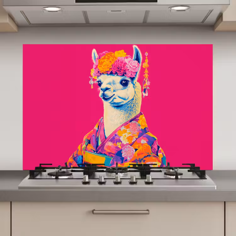 Spatscherm keuken - Lama - Kimono - Bloemenkrans - Felroze — 1