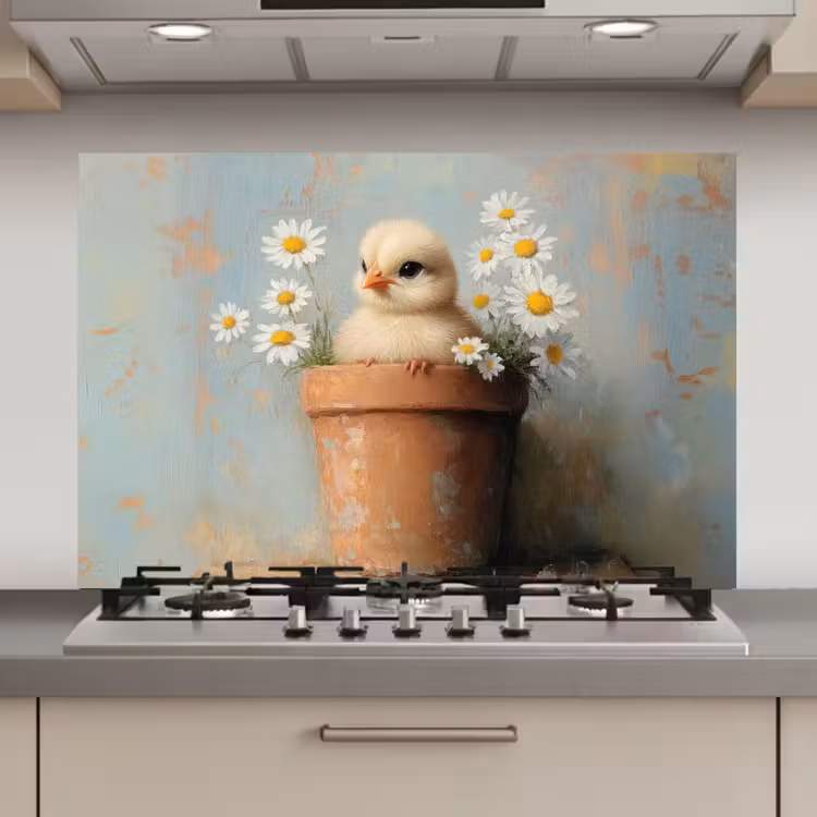 Spatscherm keuken - Bloempot - Kuiken - Bloemetjes — 1