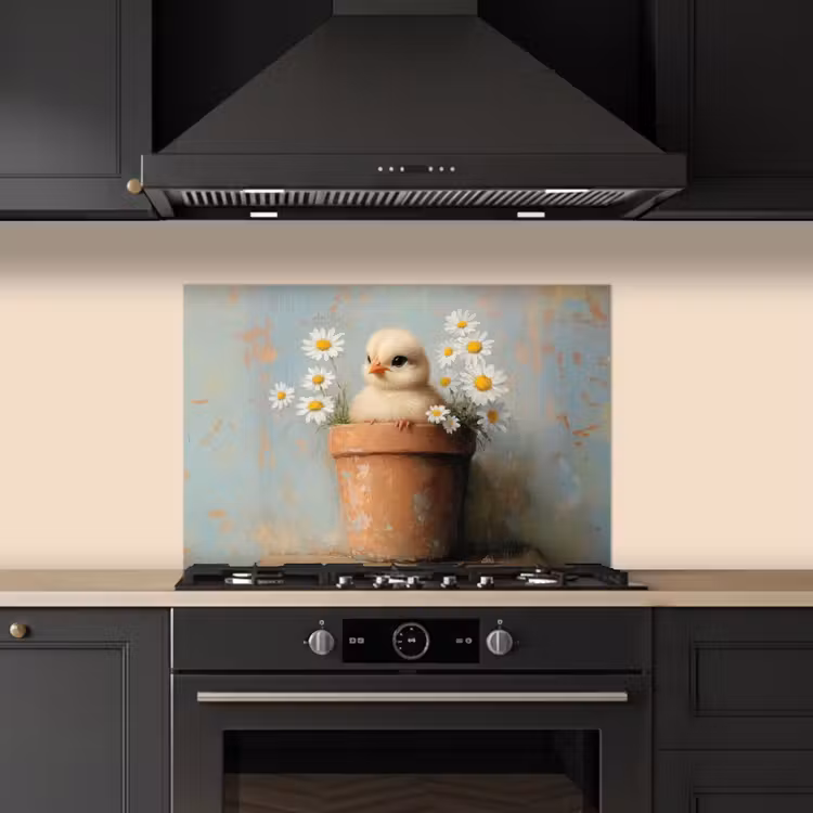 Spatscherm keuken - Bloempot - Kuiken - Bloemetjes — 2