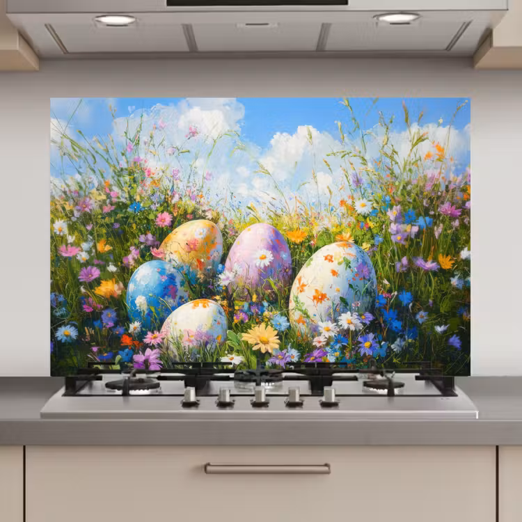 Spatscherm keuken - Grasveld - Eieren - Bloemen — 1