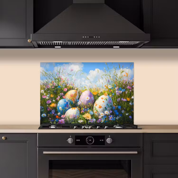 Spatscherm keuken - Grasveld - Eieren - Bloemen — 2
