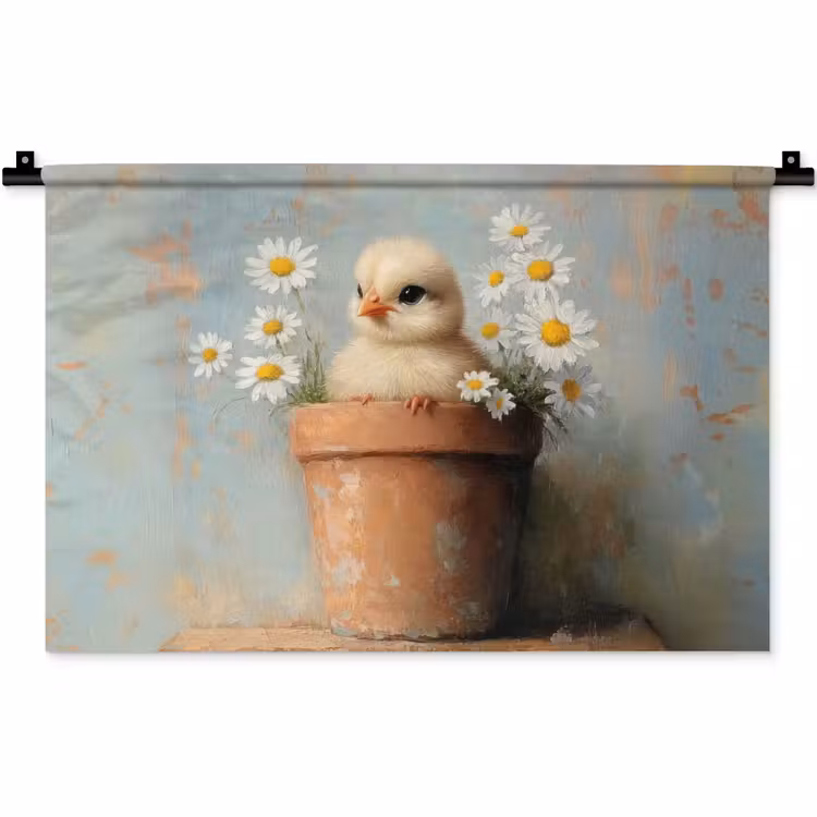 Wandkleed - Bloempot - Kuiken - Bloemetjes — 1