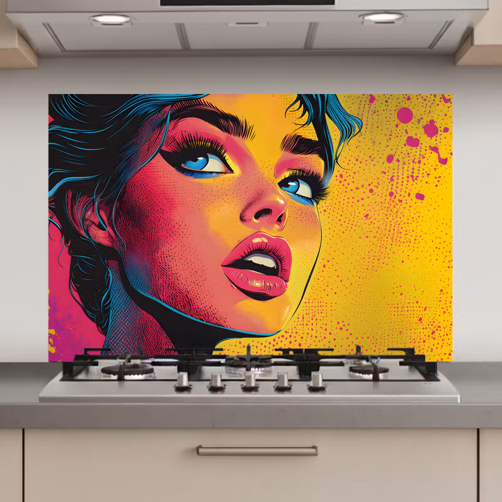 Spatscherm keuken - Close-up - Vrouwengezicht - Stippen - Geel — 1