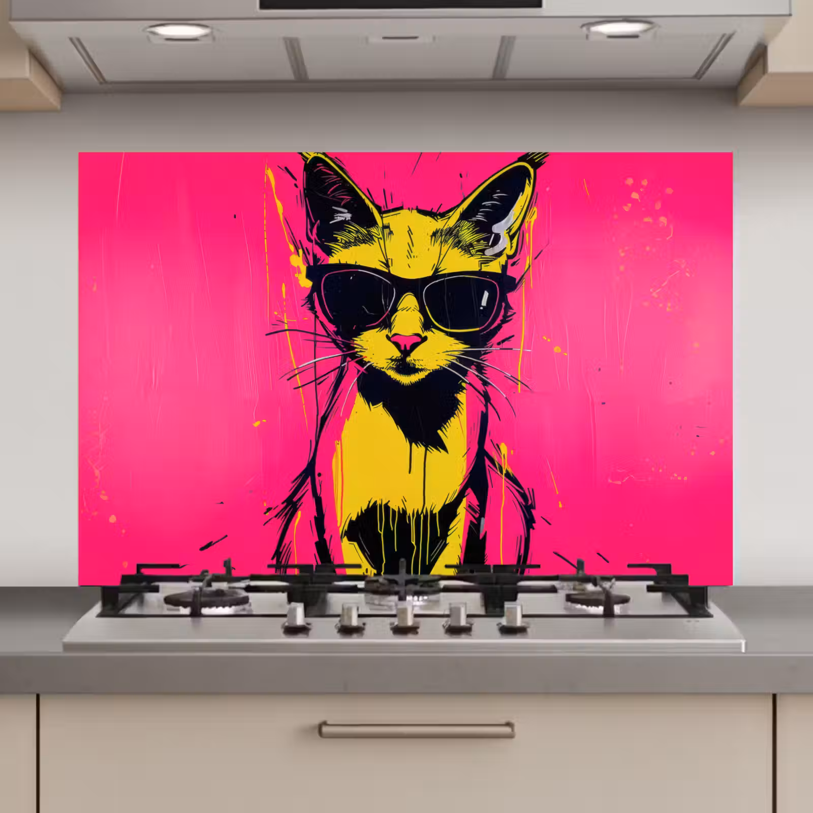 Spatscherm keuken - Kat - Art - Zonnebril - Roze — 1