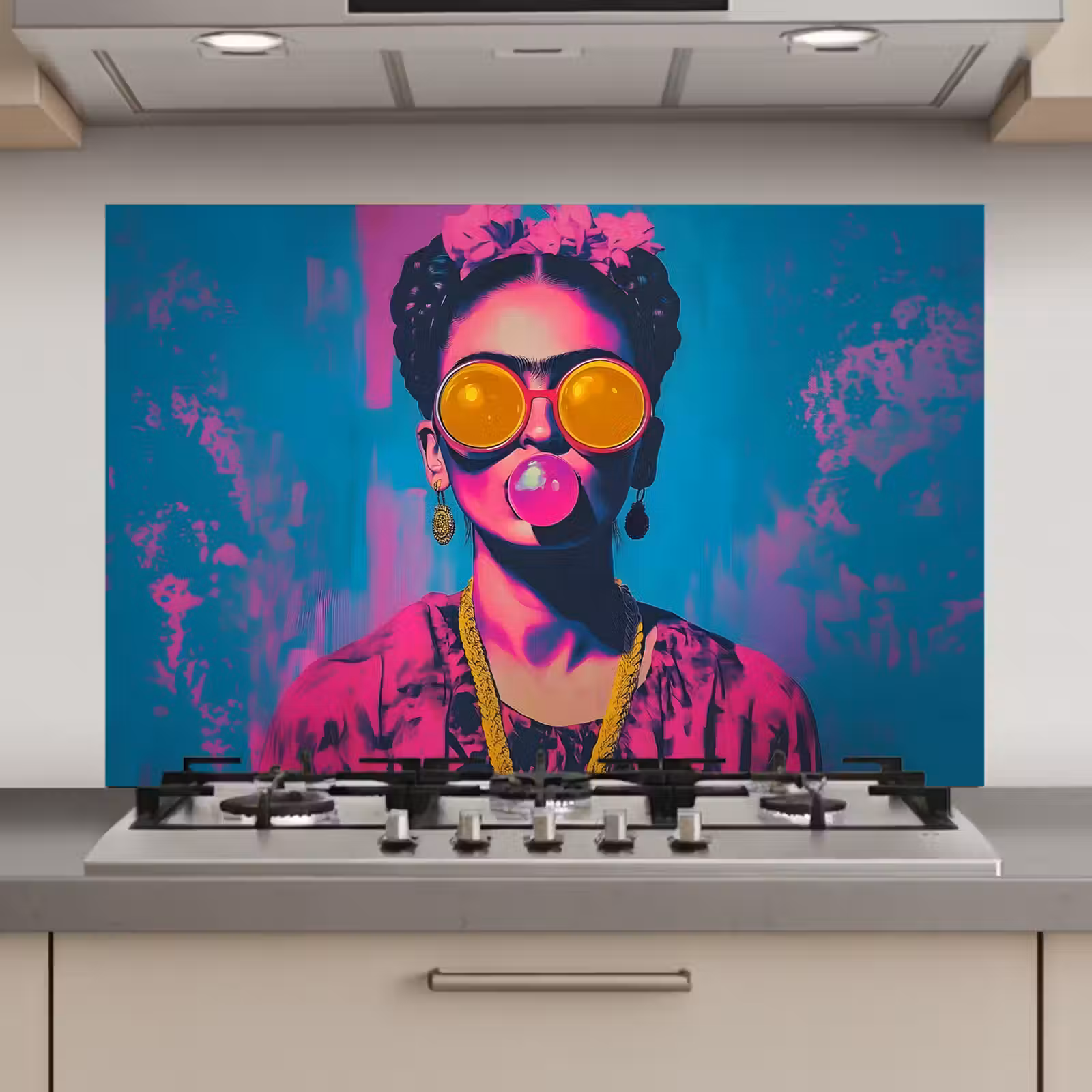 Spatscherm keuken - Vrouw - Kauwgom - Zonnebril - Oranje — 1