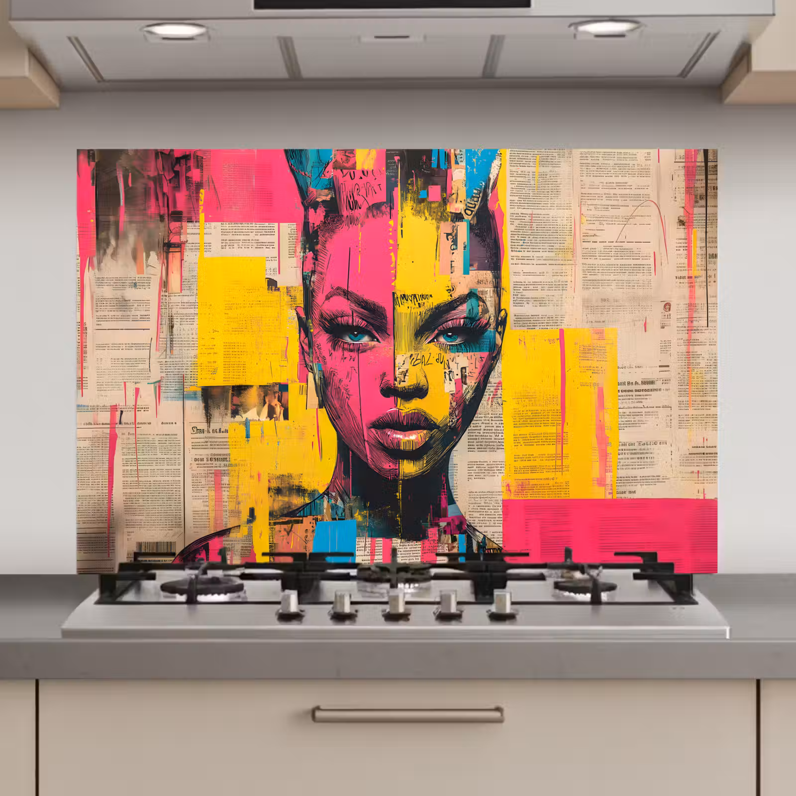 Spatscherm keuken - Vrouwengezicht - Krantenpapier - Abstract - Roze — 1