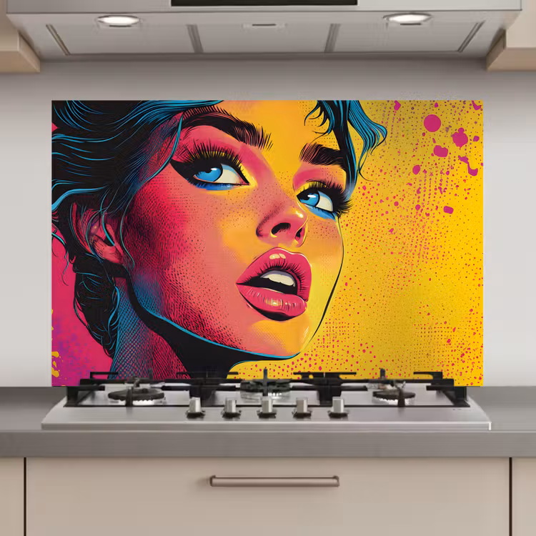 Spatscherm keuken - Close-up - Vrouwengezicht - Stippen - Geel — 1